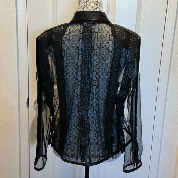 Sheer Black Lace Zip-Front Blouse with Leather Collar and Accent - Picture 4 of 7